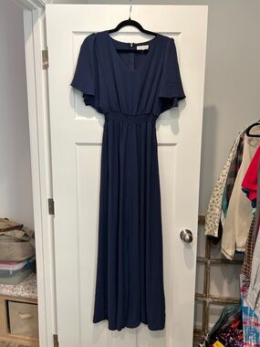 Women’s Navy V‑Neck Jumpsuit with Flutter Sleeves